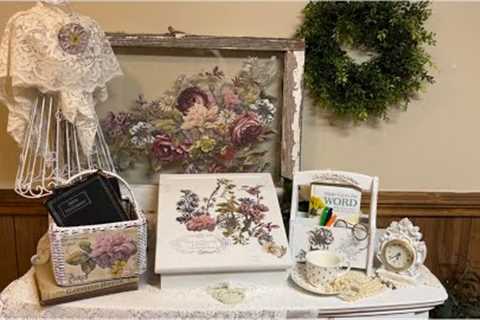 Trash to treasure shabby chic vignette using IOD Floral Anthology transfer and Redesign with Prima.