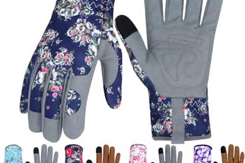 Women's Blue Leather Gardening Gloves with Touch Screen